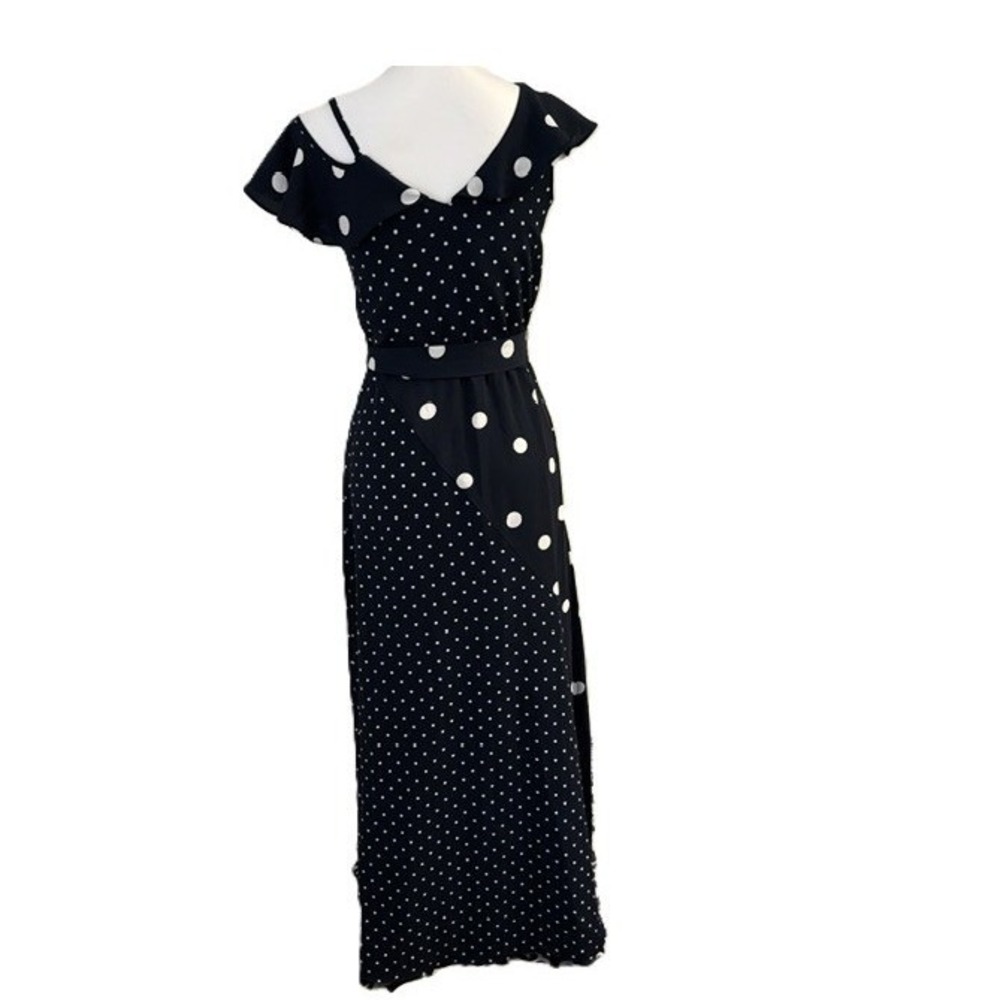 Bar III Maxi Dress Black Polka Dot Ruffle Cold Shoulder Women XS Excellent